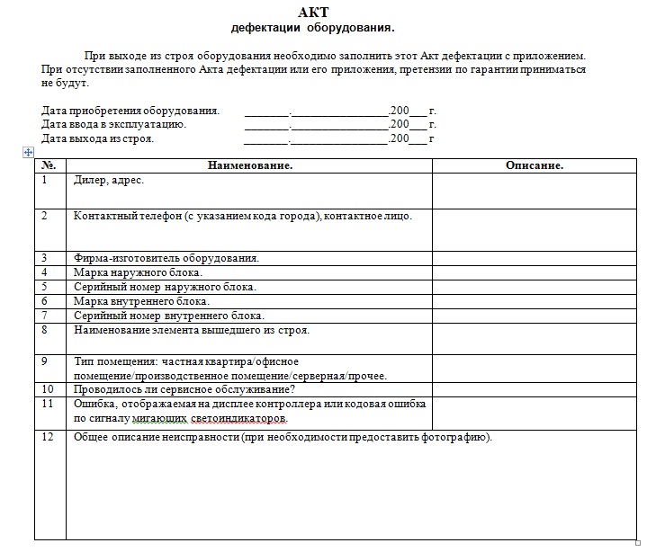 акт дефектации оборудования образец