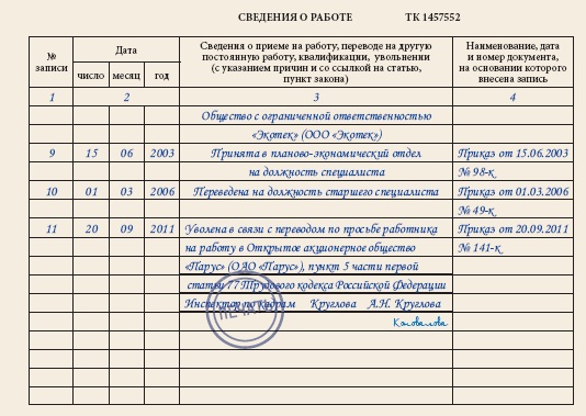 Образец запись в трудовой при увольнении переводом