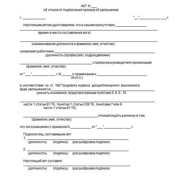 Акт об отказе подписи в приказе образец